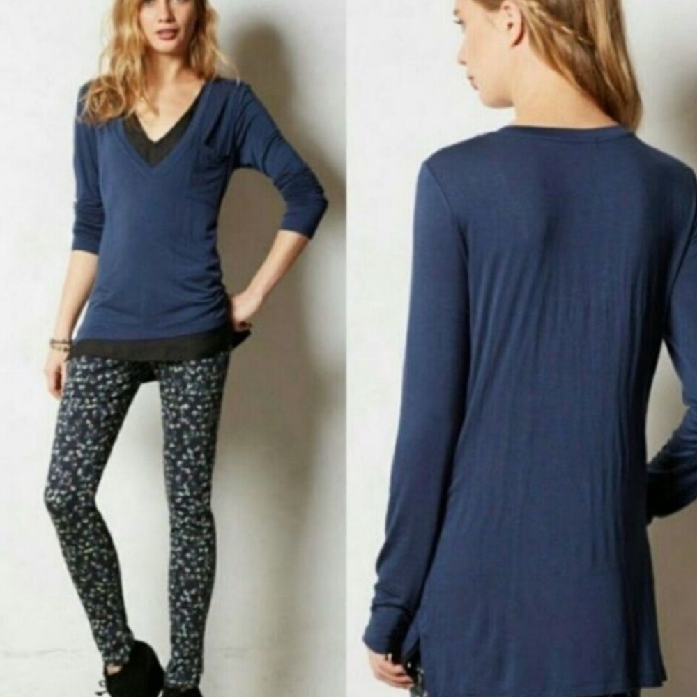 NWT Bordeaux x Anthropologie Layered Blue / Black V Neck Long Sleeve Tee T-Shirt